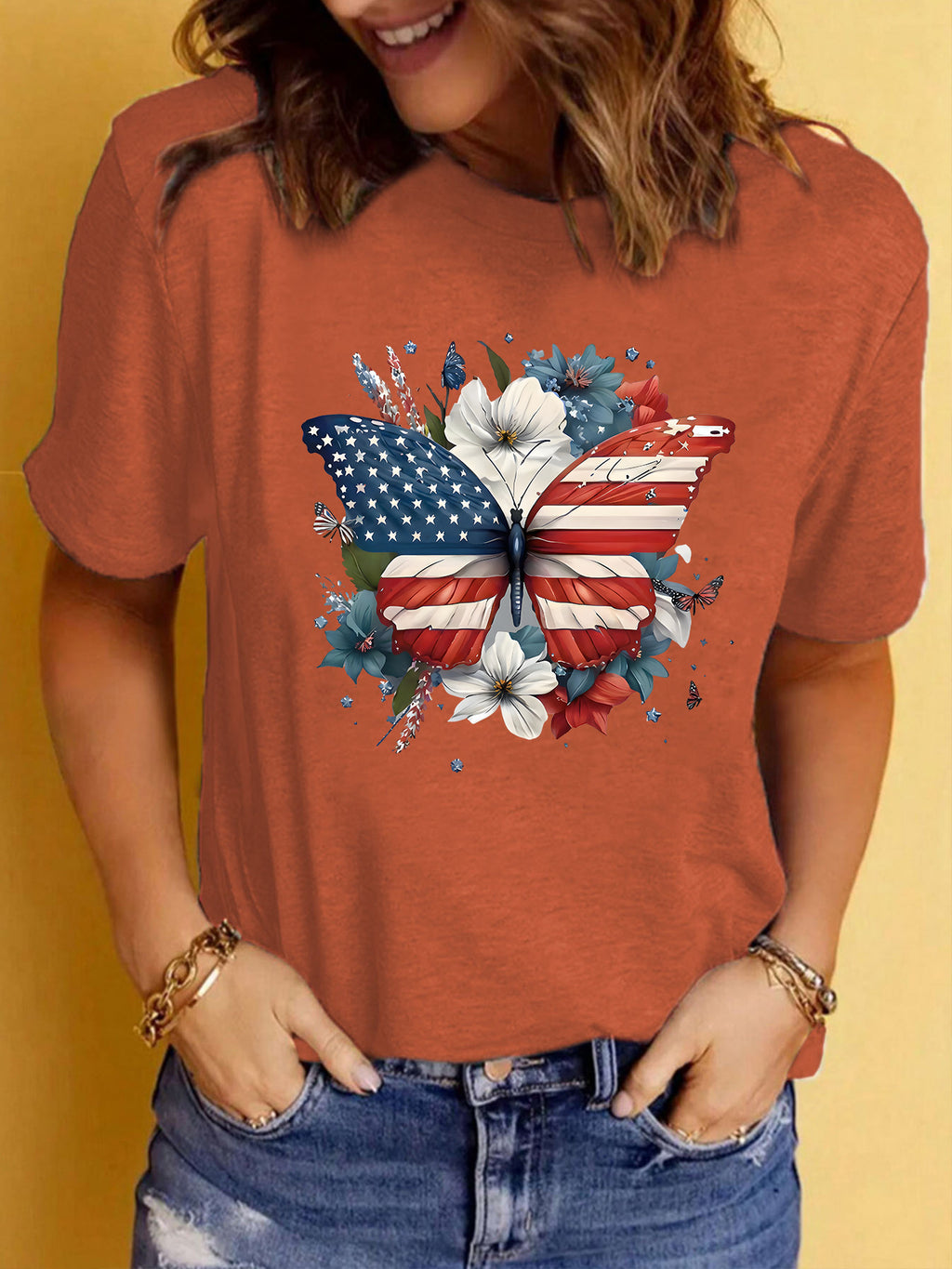Patriotic Flag Butterfly Floral Graphic T-Shirt - Brown
