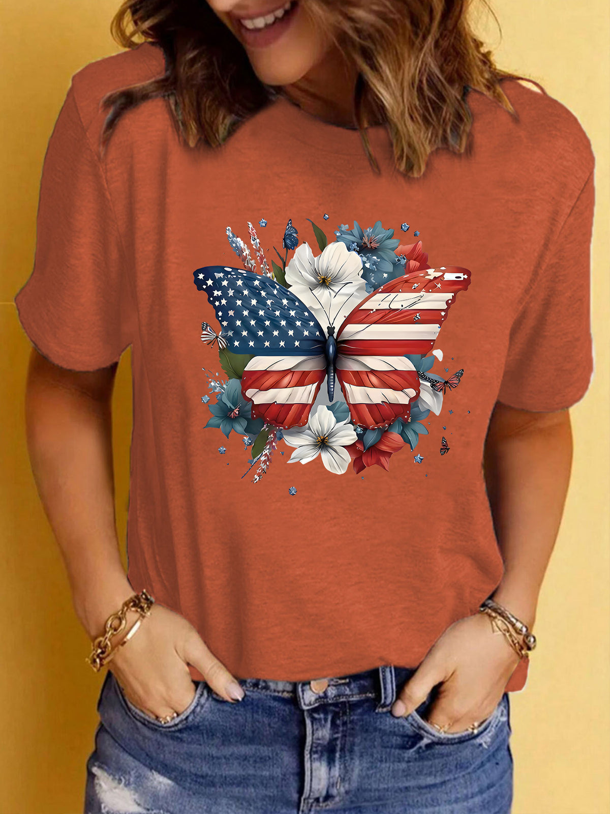 Patriotic Flag Butterfly Floral Graphic T-Shirt - Brown