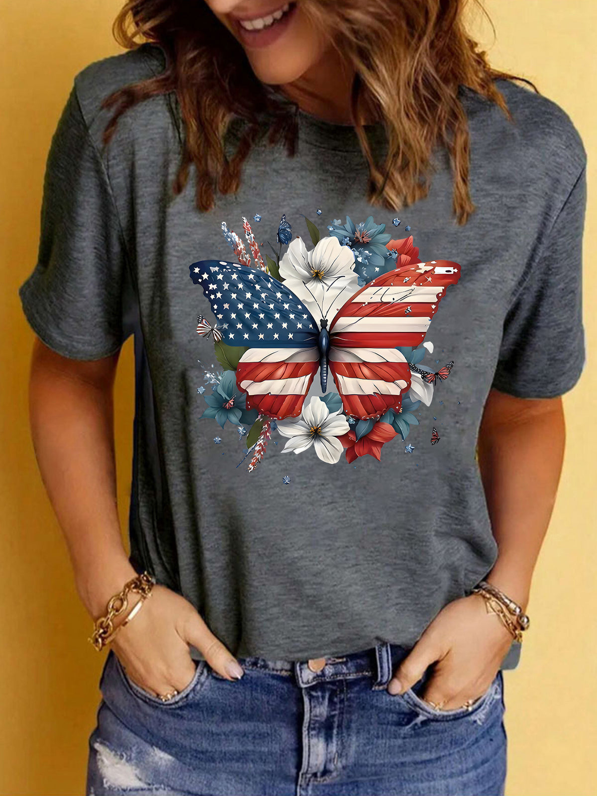 Patriotic Flag Butterfly Floral Graphic T-Shirt - Greyblack