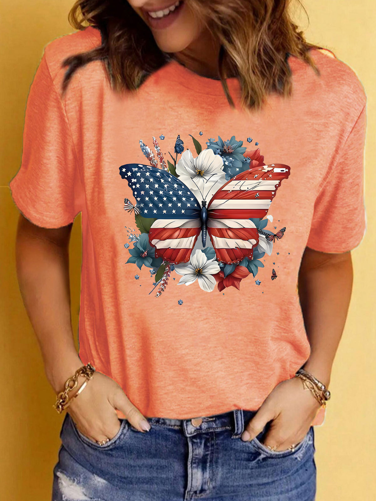 Patriotic Flag Butterfly Floral Graphic T-Shirt - Orange
