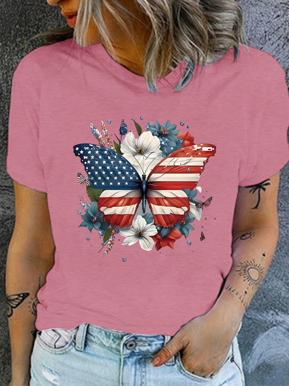 Patriotic Flag Butterfly Floral Graphic T-Shirt - Pink