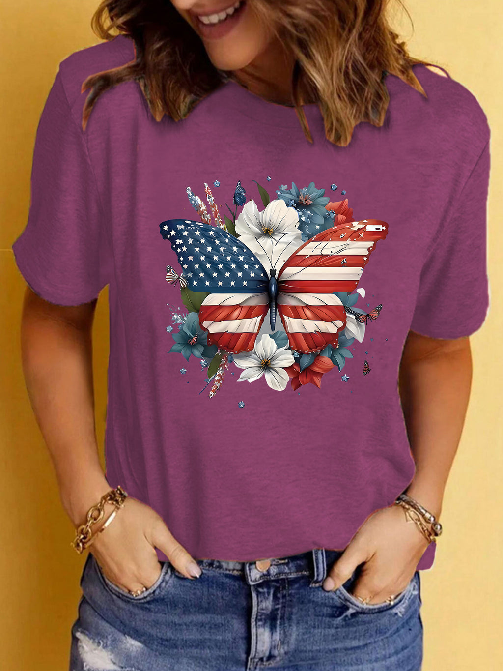 Patriotic Flag Butterfly Floral Graphic T-Shirt - Purple