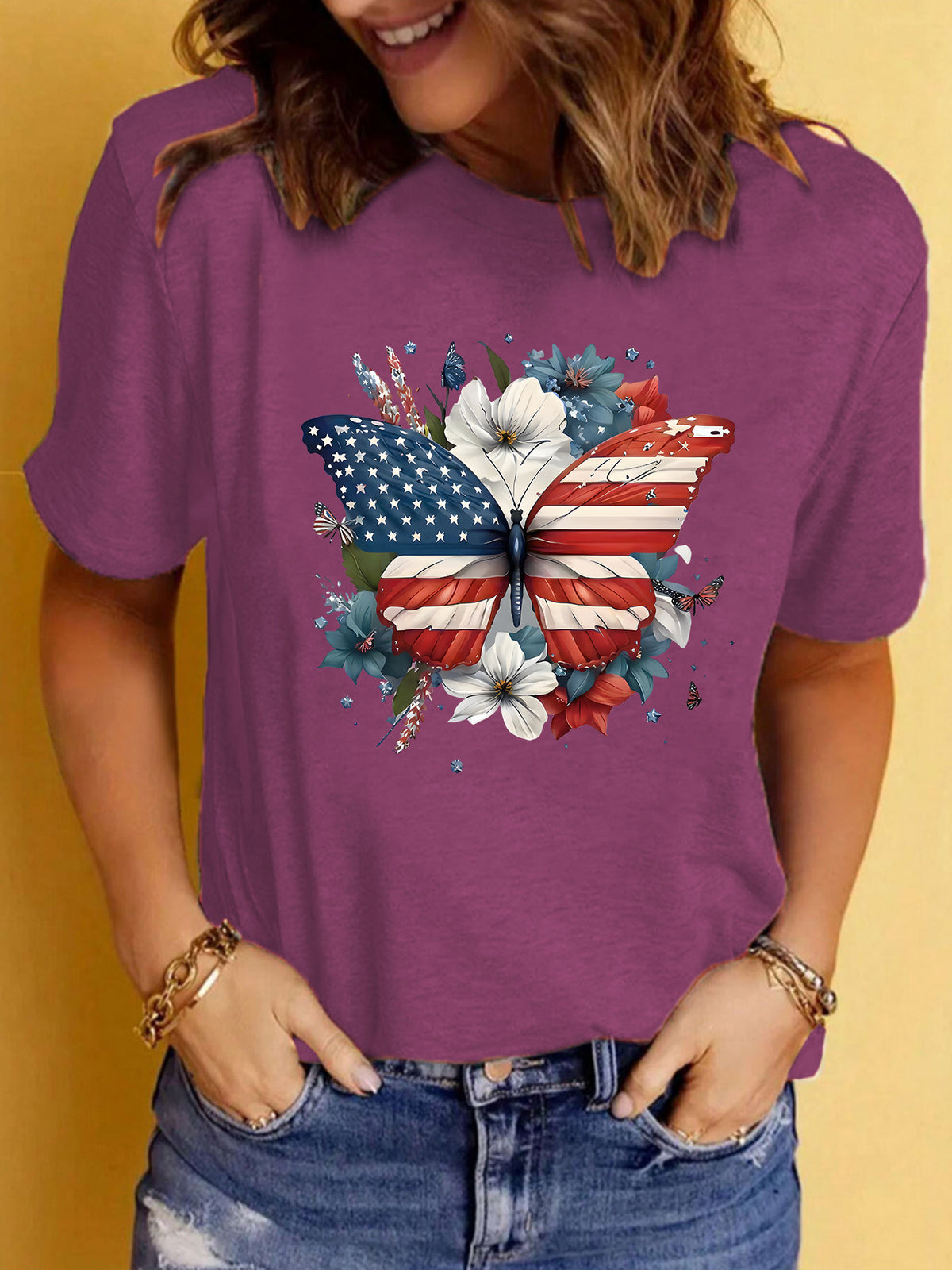 Patriotic Flag Butterfly Floral Graphic T-Shirt - Purple