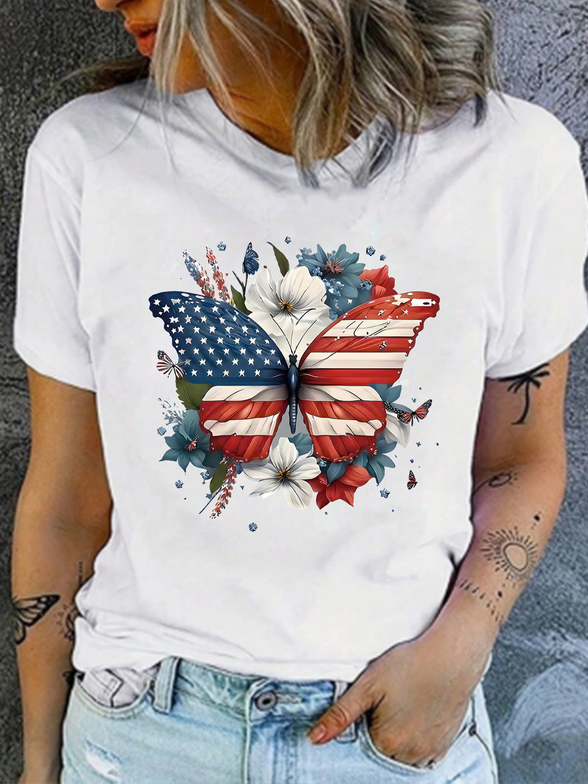 Patriotic Flag Butterfly Floral Graphic T-Shirt - White