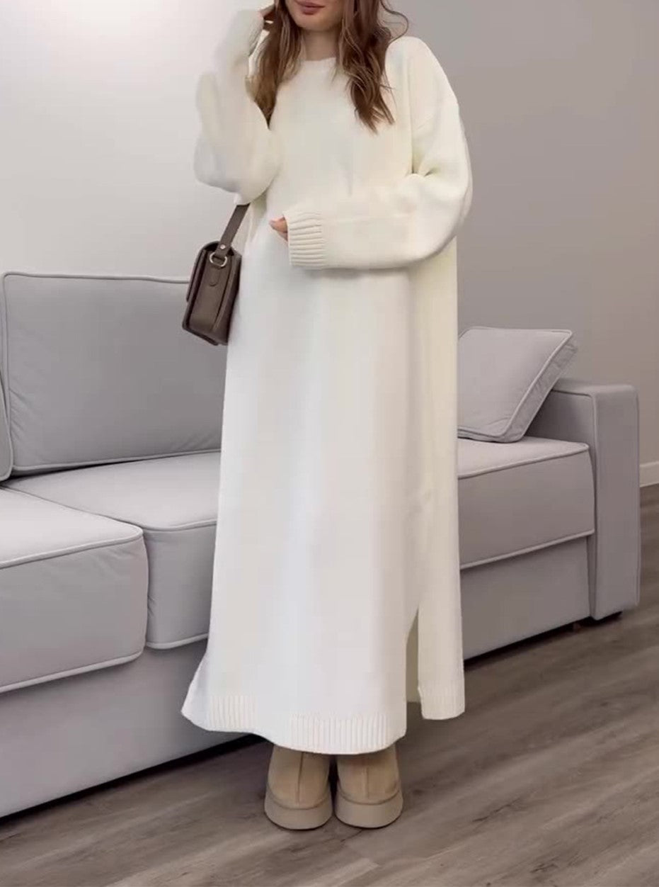 Slouchy Knit Crewneck Maxi Dress - White - 1