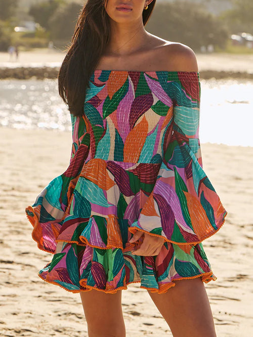 Abstract Print Off Shoulder Ruffle Mini Dress - Print