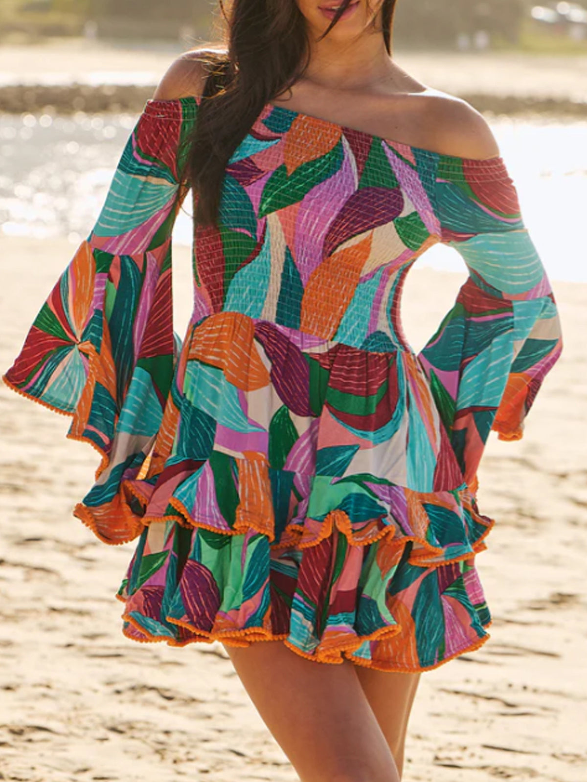 Abstract Print Off Shoulder Ruffle Mini Dress - Print - 3