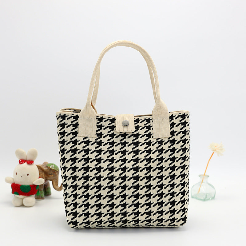 Houndstooth Knit Handbag Tote With Snap - Beige