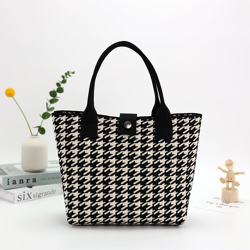 Houndstooth Knit Handbag Tote With Snap - Black