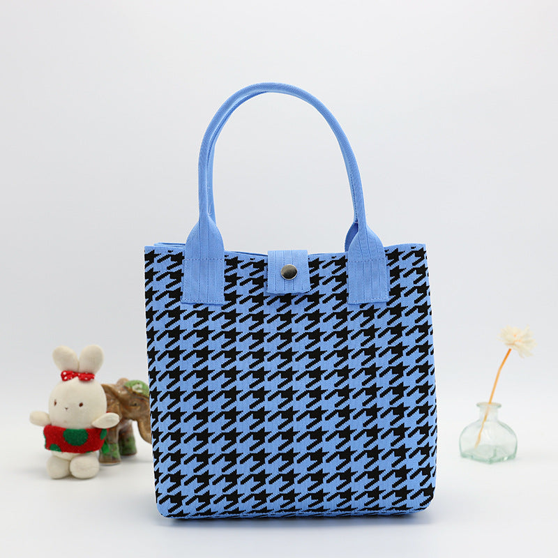 Houndstooth Knit Handbag Tote With Snap - Blue