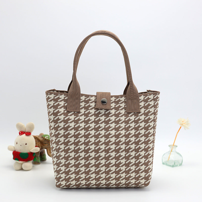 Houndstooth Knit Handbag Tote With Snap - Coffee