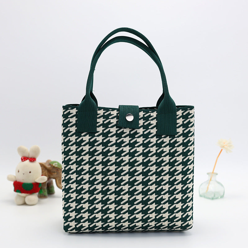 Houndstooth Knit Handbag Tote With Snap - Green
