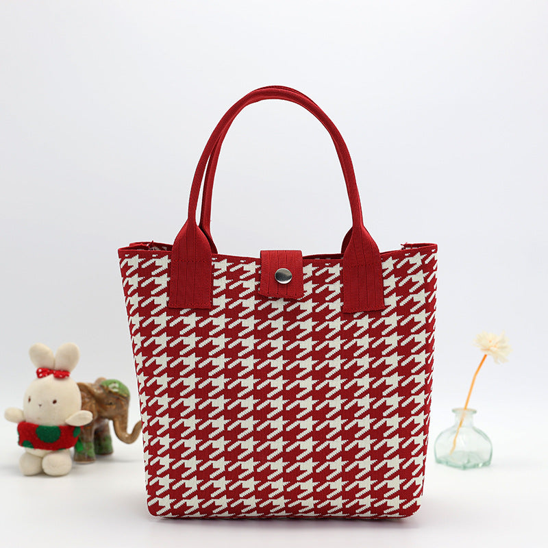 Houndstooth Knit Handbag Tote With Snap - Red