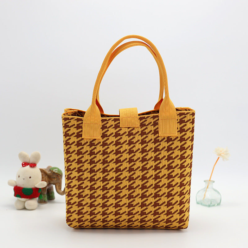 Houndstooth Knit Handbag Tote With Snap - Yellow