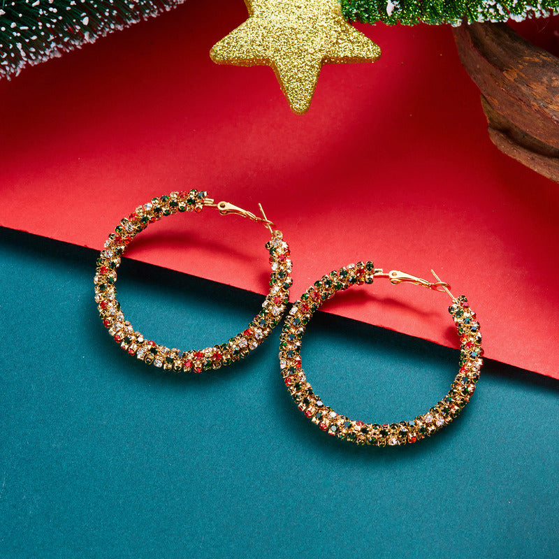 Festive Crystal Cluster Hoop Earrings - Gold - 1