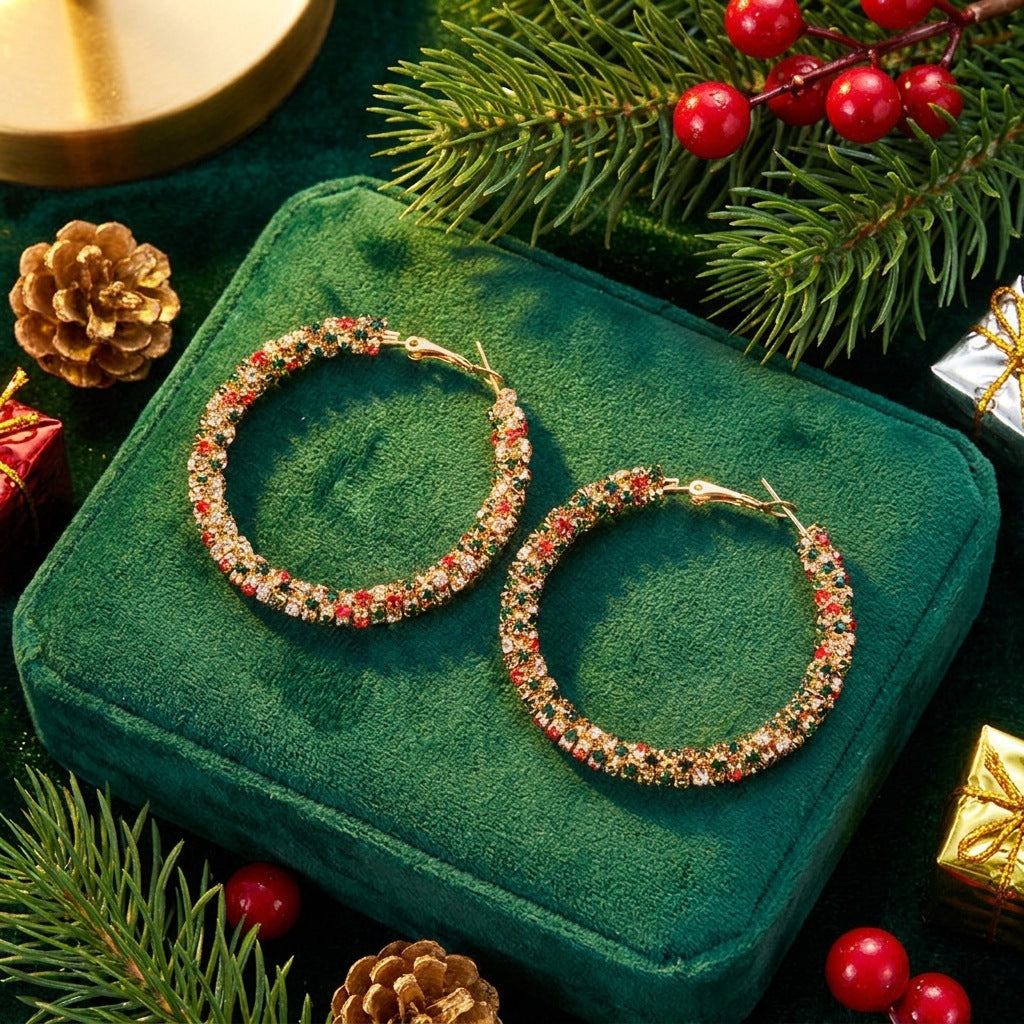 Festive Crystal Cluster Hoop Earrings - Gold - 3