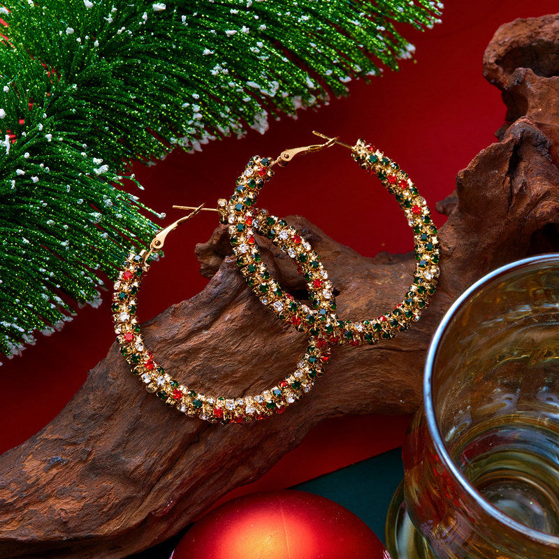 Festive Crystal Cluster Hoop Earrings - Gold - 4