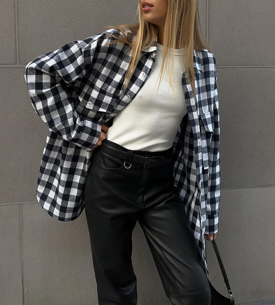 Two Pocket Plaid Longline Flannel Shirt - Black