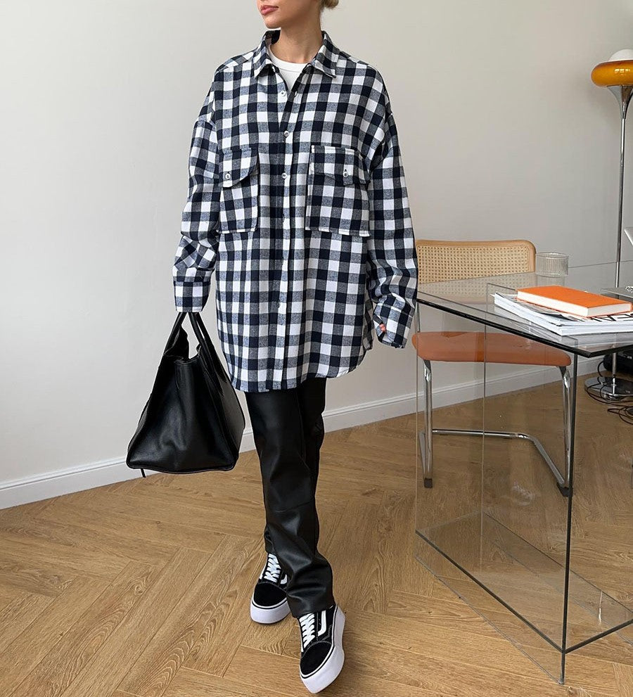 Two Pocket Plaid Longline Flannel Shirt - Black - 1