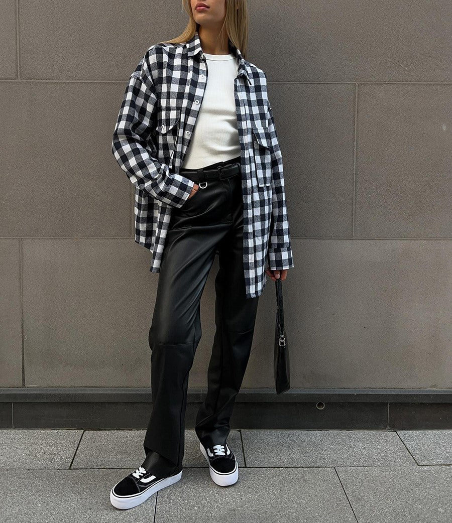 Two Pocket Plaid Longline Flannel Shirt - Black - 2
