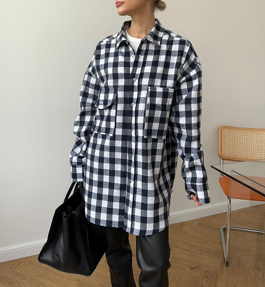 Two Pocket Plaid Longline Flannel Shirt - Black - 3