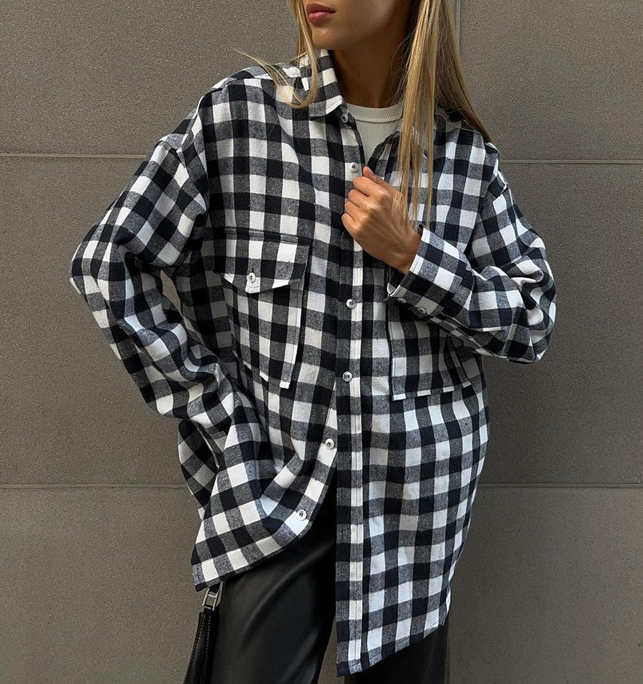 Two Pocket Plaid Longline Flannel Shirt - Black - 4