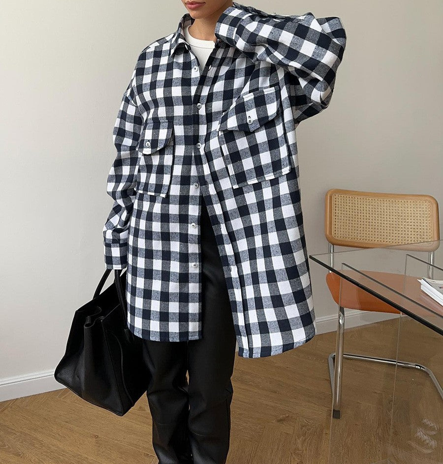 Two Pocket Plaid Longline Flannel Shirt - Black - 5