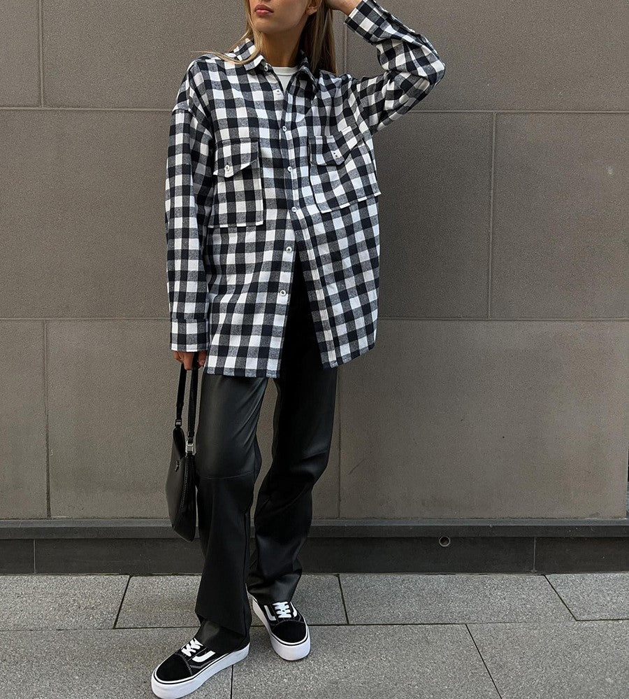 Two Pocket Plaid Longline Flannel Shirt - Black - 6