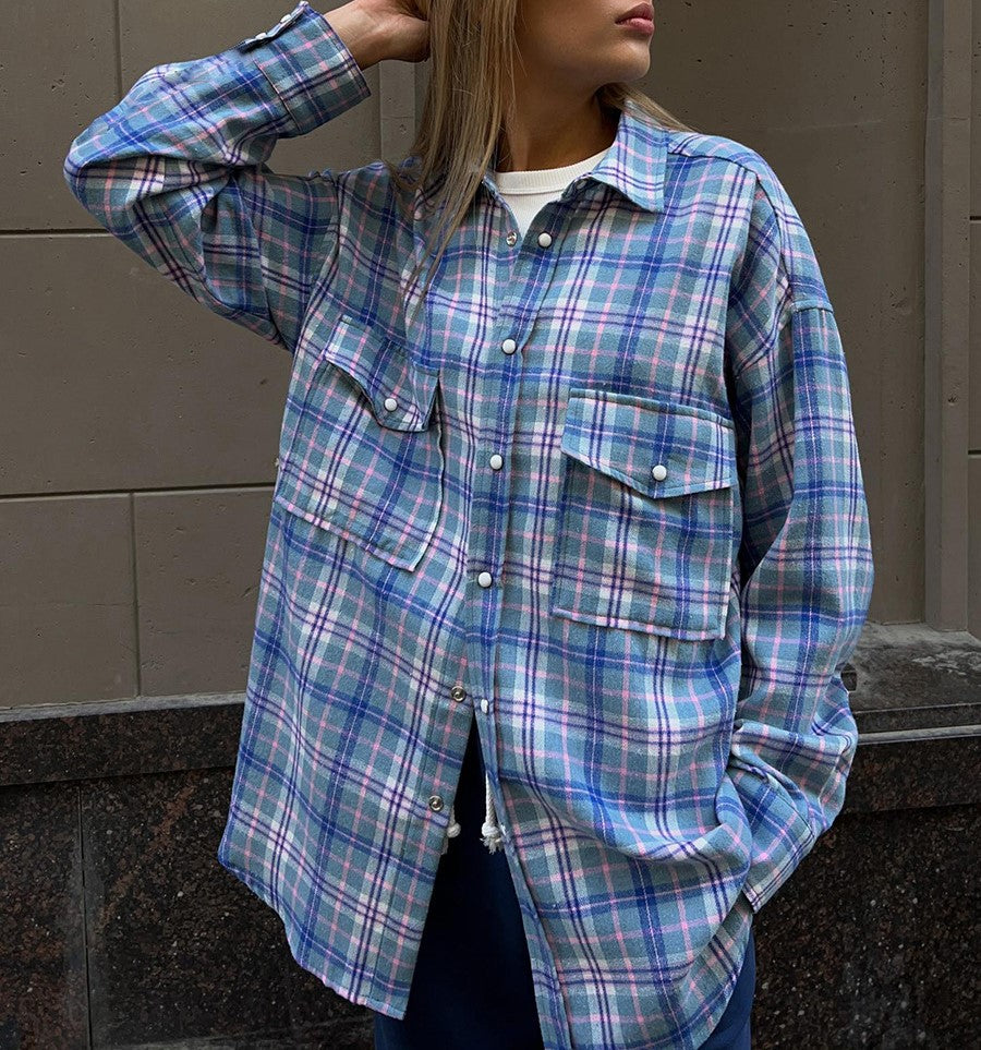 Two Pocket Plaid Longline Flannel Shirt - Blue