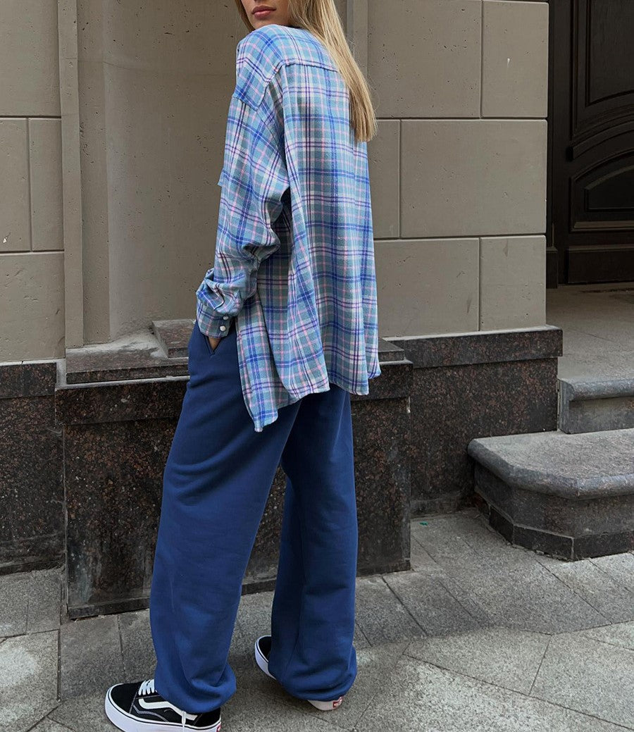 Two Pocket Plaid Longline Flannel Shirt - Blue - 1
