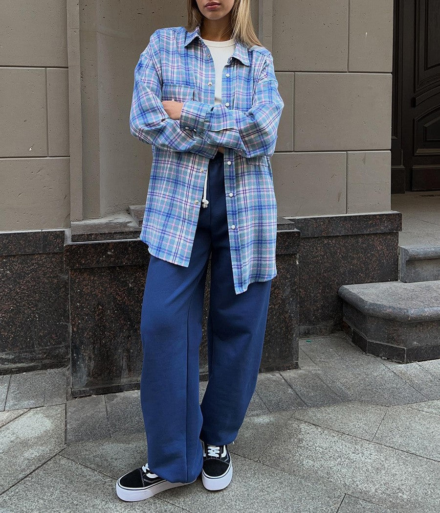 Two Pocket Plaid Longline Flannel Shirt - Blue - 2