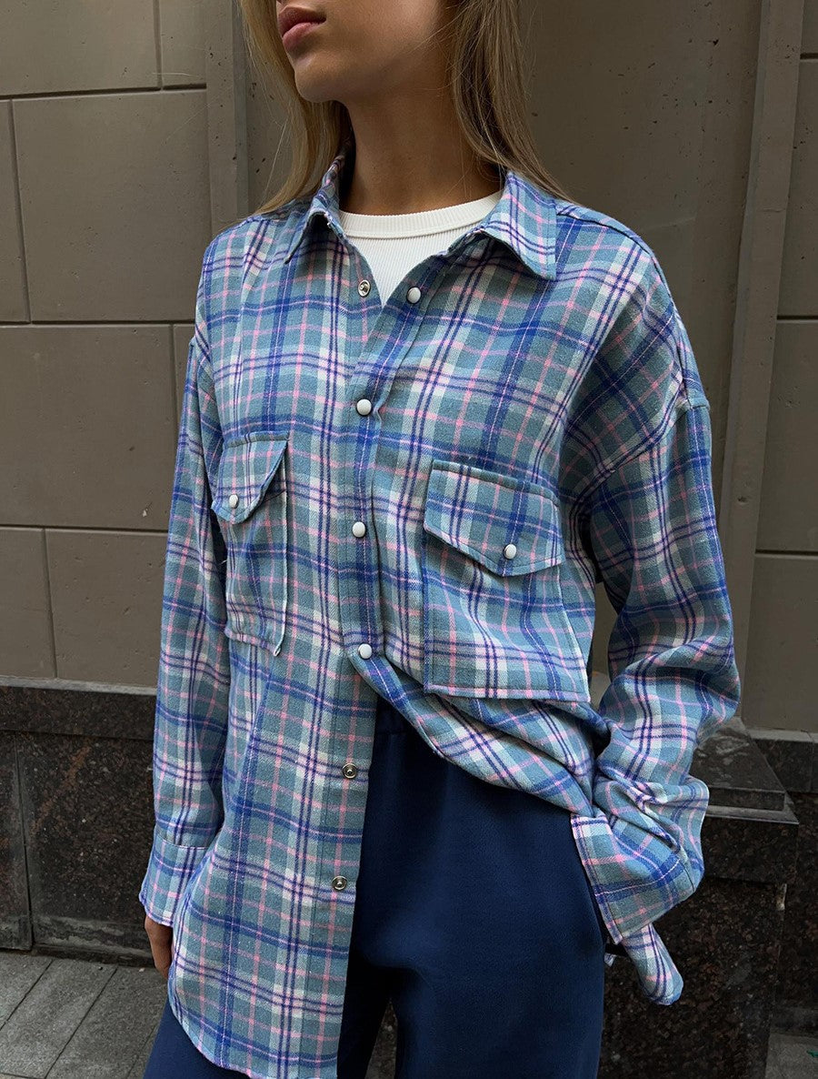 Two Pocket Plaid Longline Flannel Shirt - Blue - 3