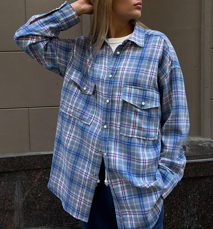 Two Pocket Plaid Longline Flannel Shirt - Blue - 4