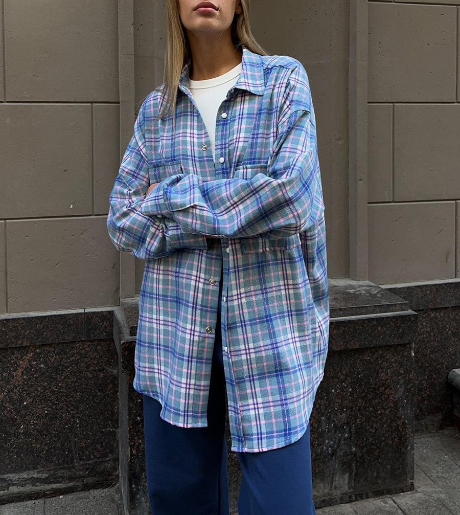 Two Pocket Plaid Longline Flannel Shirt - Blue - 5