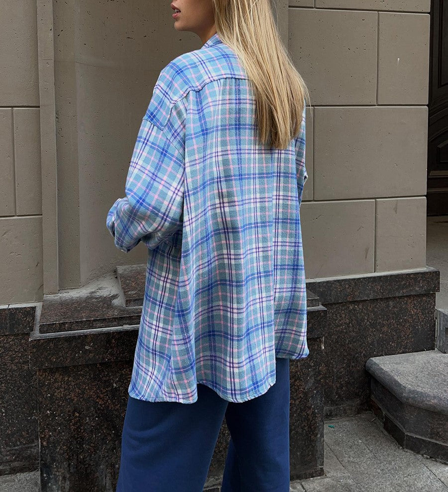 Two Pocket Plaid Longline Flannel Shirt - Blue - 6