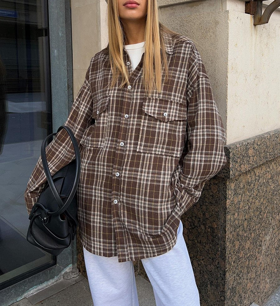 Two Pocket Plaid Longline Flannel Shirt - Coffee