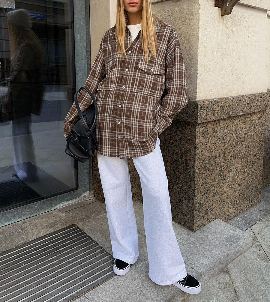 Two Pocket Plaid Longline Flannel Shirt - Coffee - 1