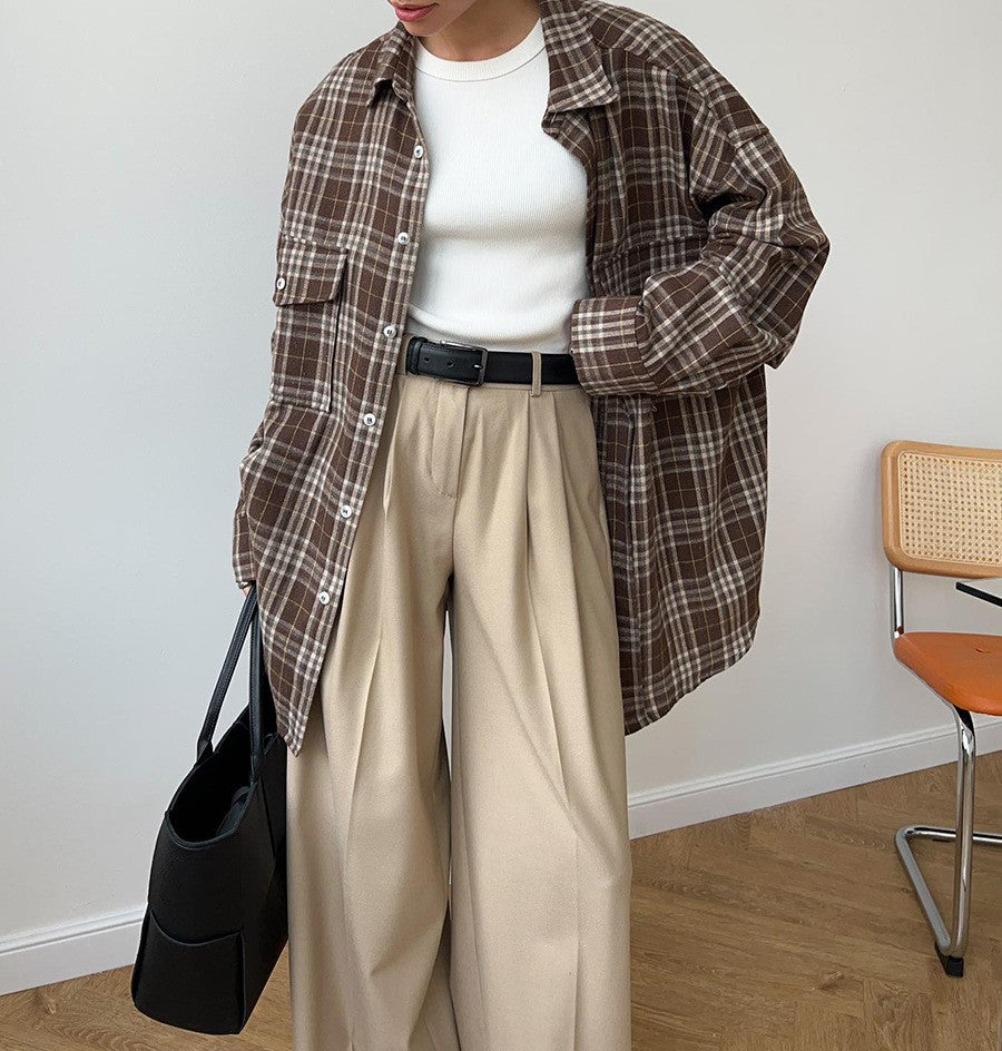 Two Pocket Plaid Longline Flannel Shirt - Coffee - 2