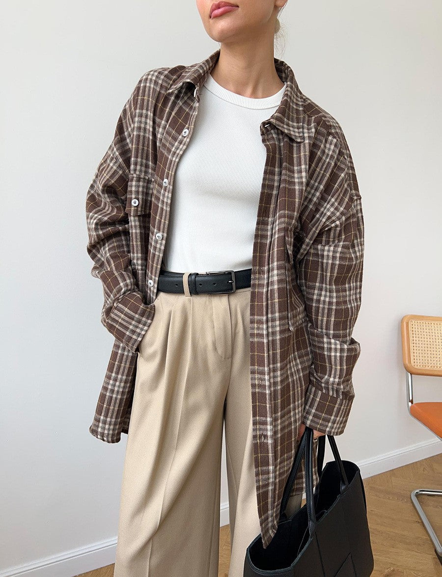 Two Pocket Plaid Longline Flannel Shirt - Coffee - 3