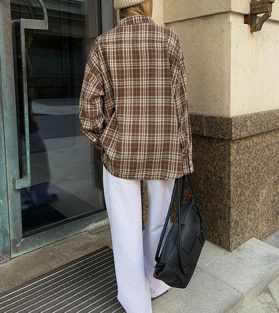 Two Pocket Plaid Longline Flannel Shirt - Coffee - 4
