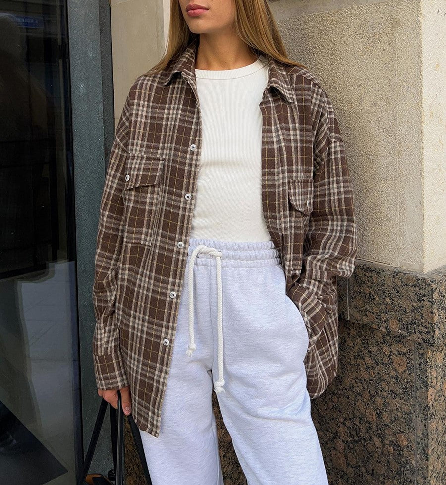 Two Pocket Plaid Longline Flannel Shirt - Coffee - 5