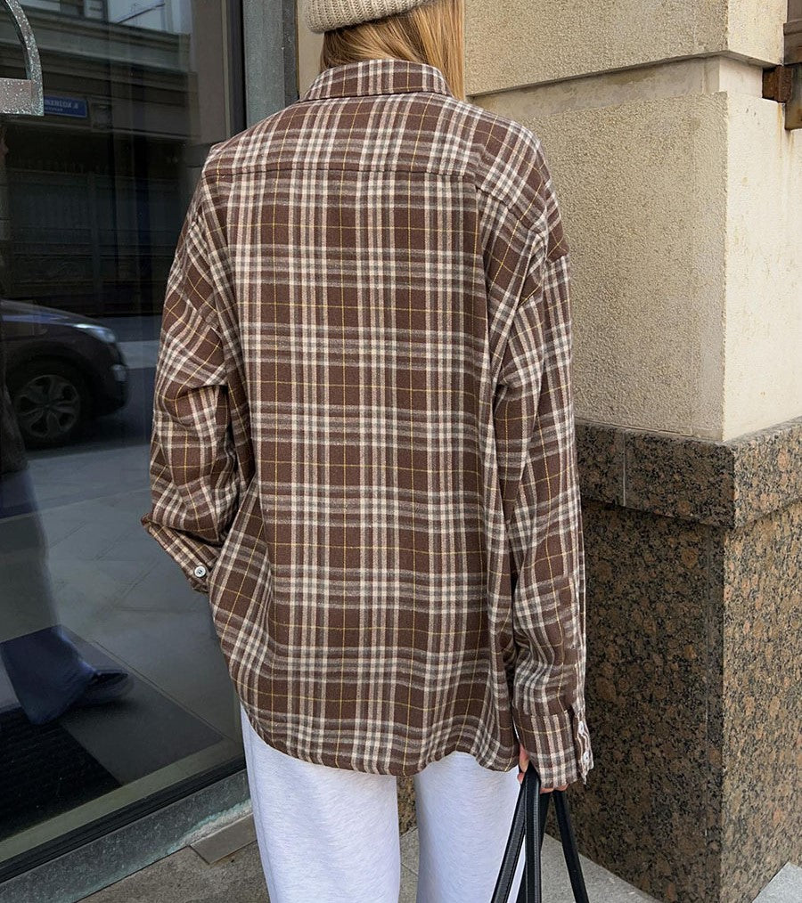 Two Pocket Plaid Longline Flannel Shirt - Coffee - 6