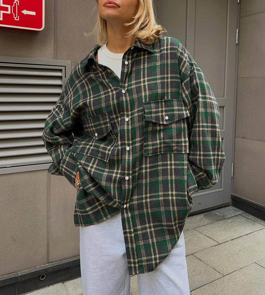 Two Pocket Plaid Longline Flannel Shirt - Dark green - 4