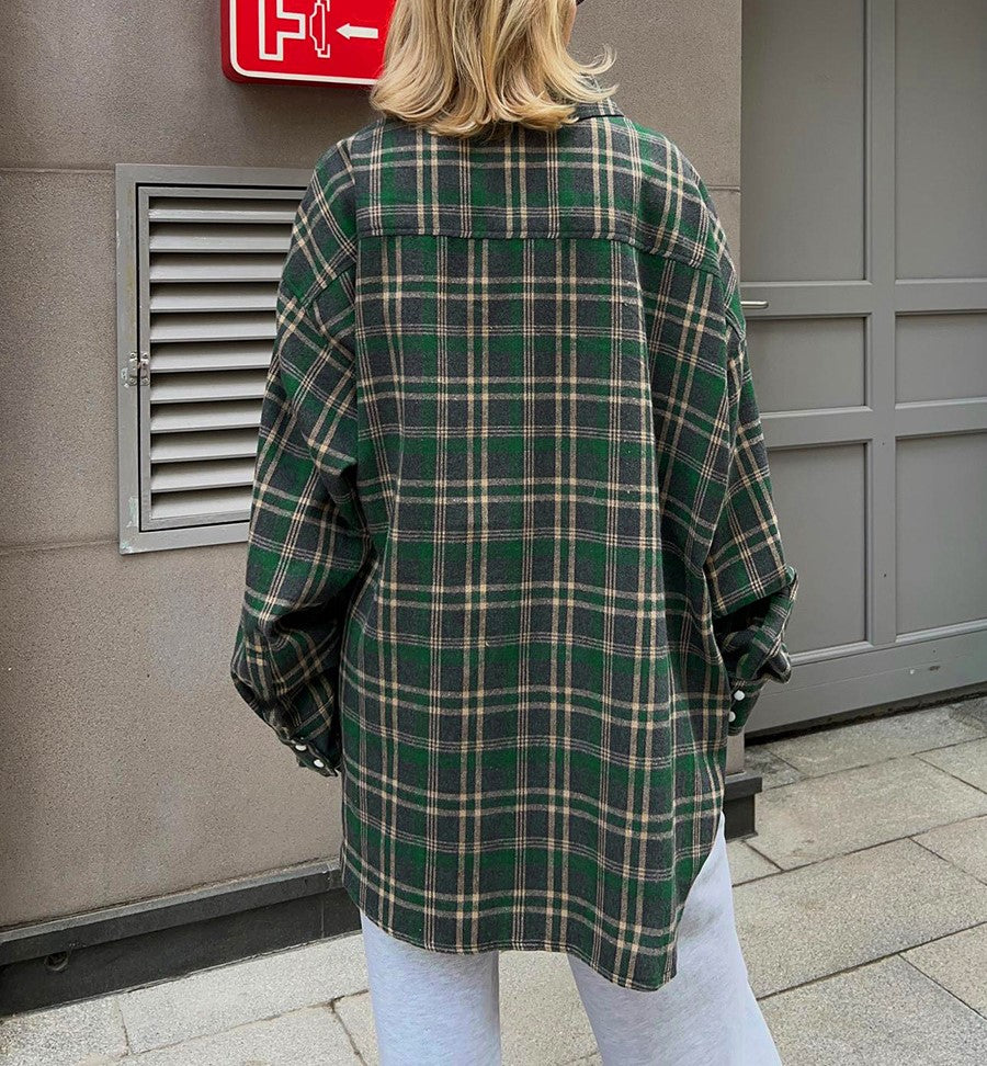 Two Pocket Plaid Longline Flannel Shirt - Dark green - 5