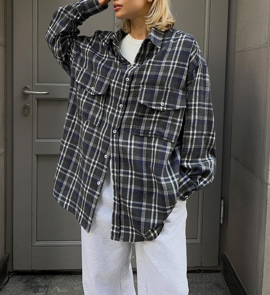 Two Pocket Plaid Longline Flannel Shirt - Navy blue
