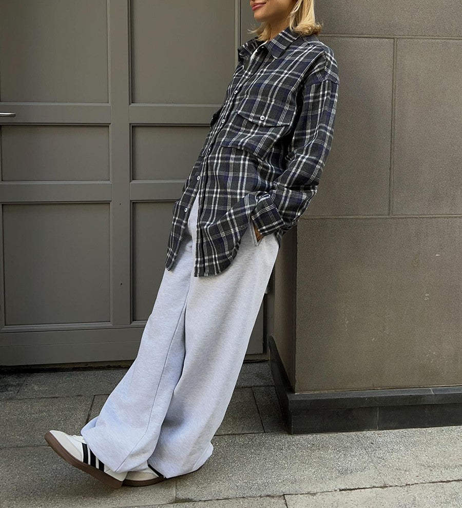 Two Pocket Plaid Longline Flannel Shirt - Navy blue - 1