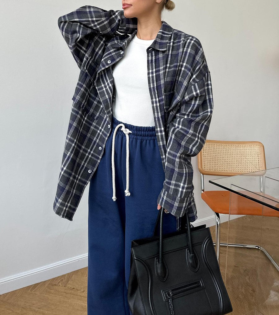 Two Pocket Plaid Longline Flannel Shirt - Navy blue - 3