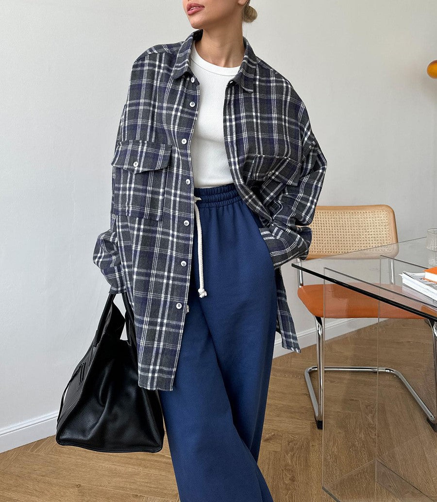 Two Pocket Plaid Longline Flannel Shirt - Navy blue - 4