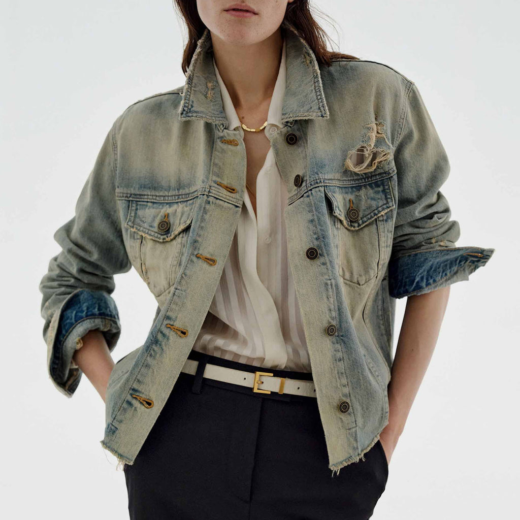 Western Distressed Washed Denim Jacket - Light