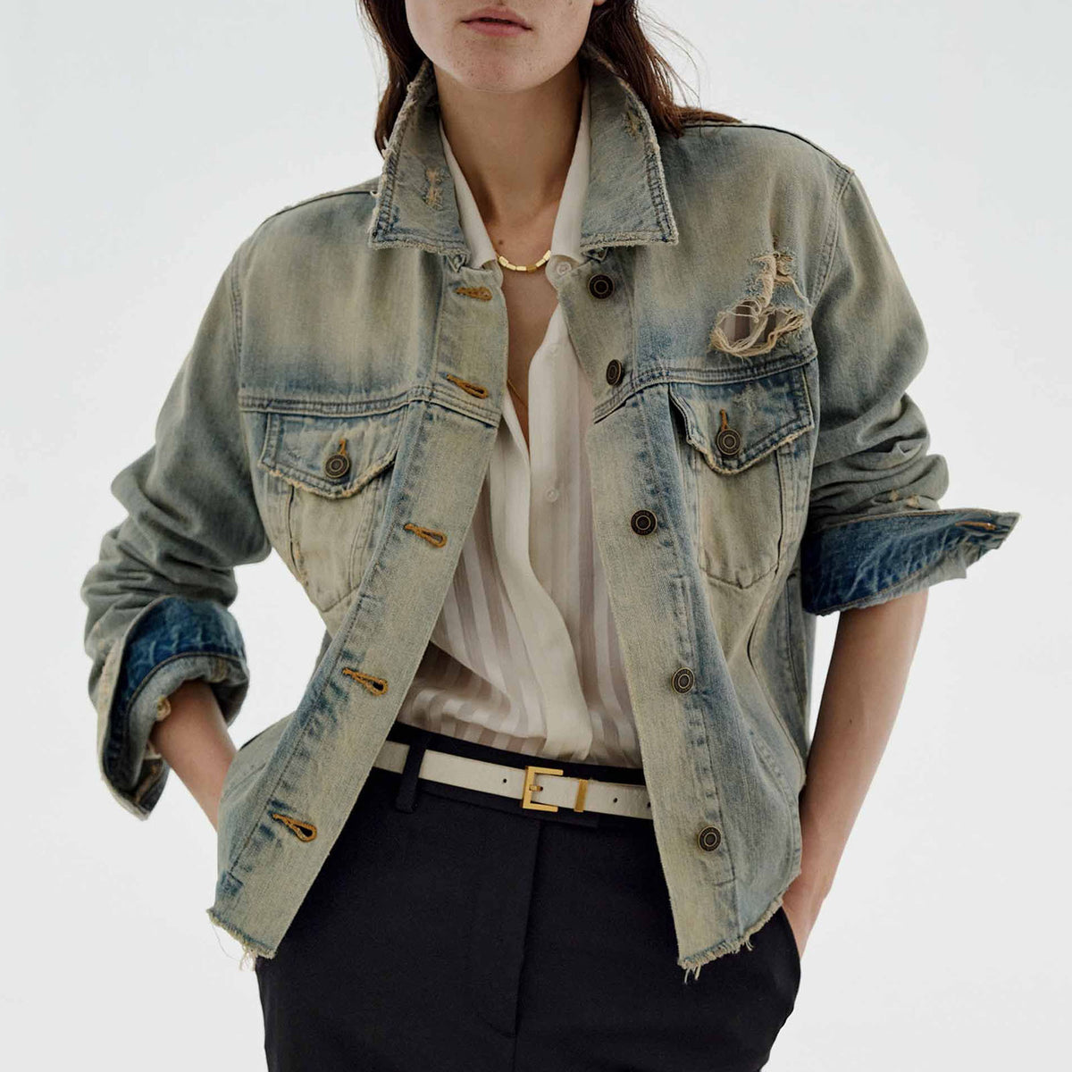 Western Distressed Washed Denim Jacket - Light